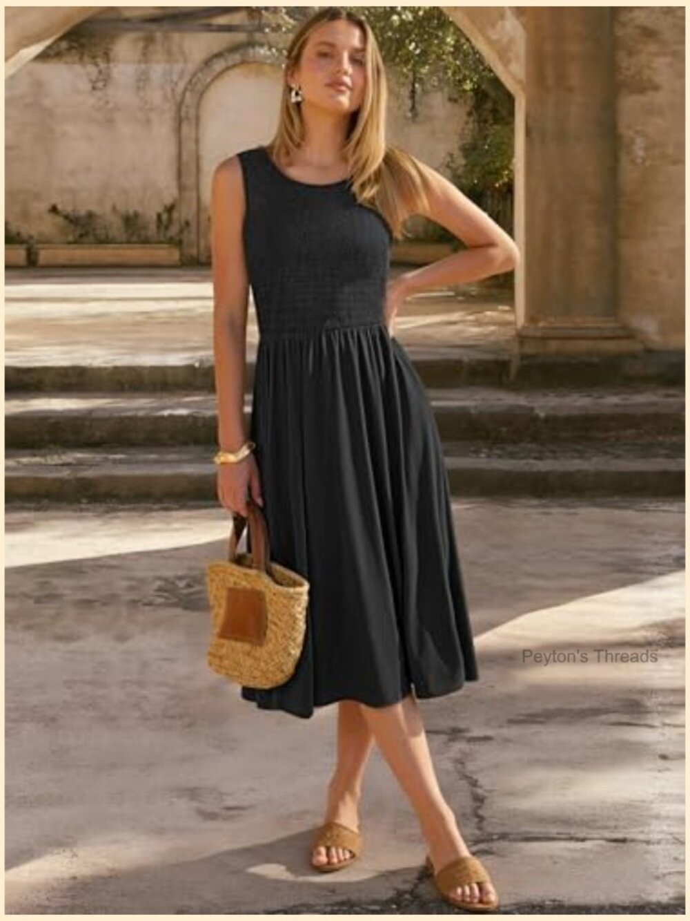 Sleeveless Smocked Elastic Waist Flowy Midi Dress with Pockets - Picture 6 of 7